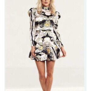 Revolve BARDOT Retro Mod Glam Bougie High Neck Ruffle Chain Party Dress Sz SMALL